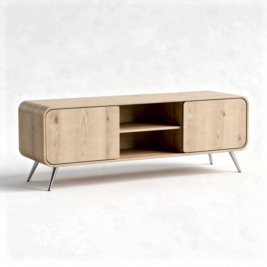 Fernsehtisch aus hellem Holz mit metallischen Füßen 150 x 40 x 45 cm