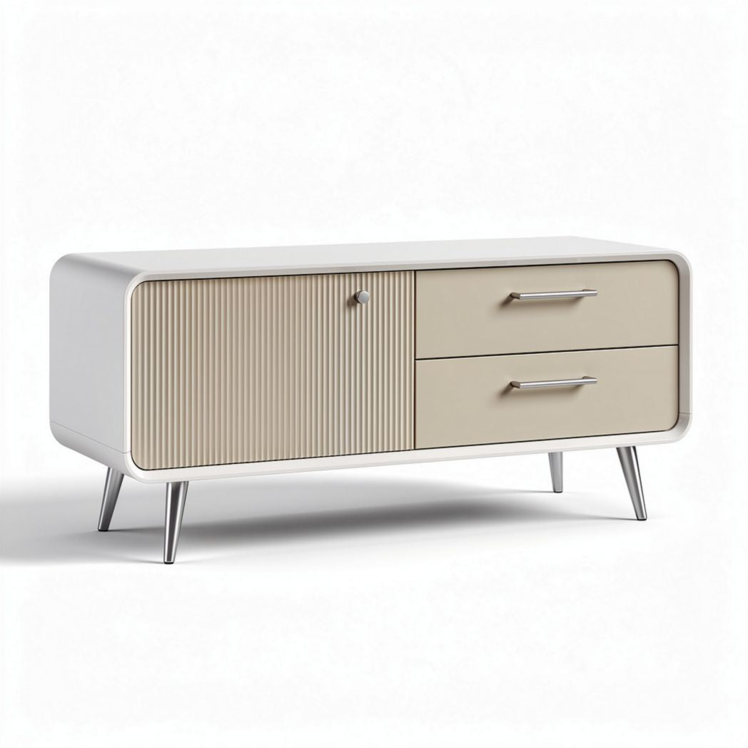 Fernsehschrank aus Holz in weiß und beige mit zwei Schubladen und einer Tür 120 x 40 x 50cm