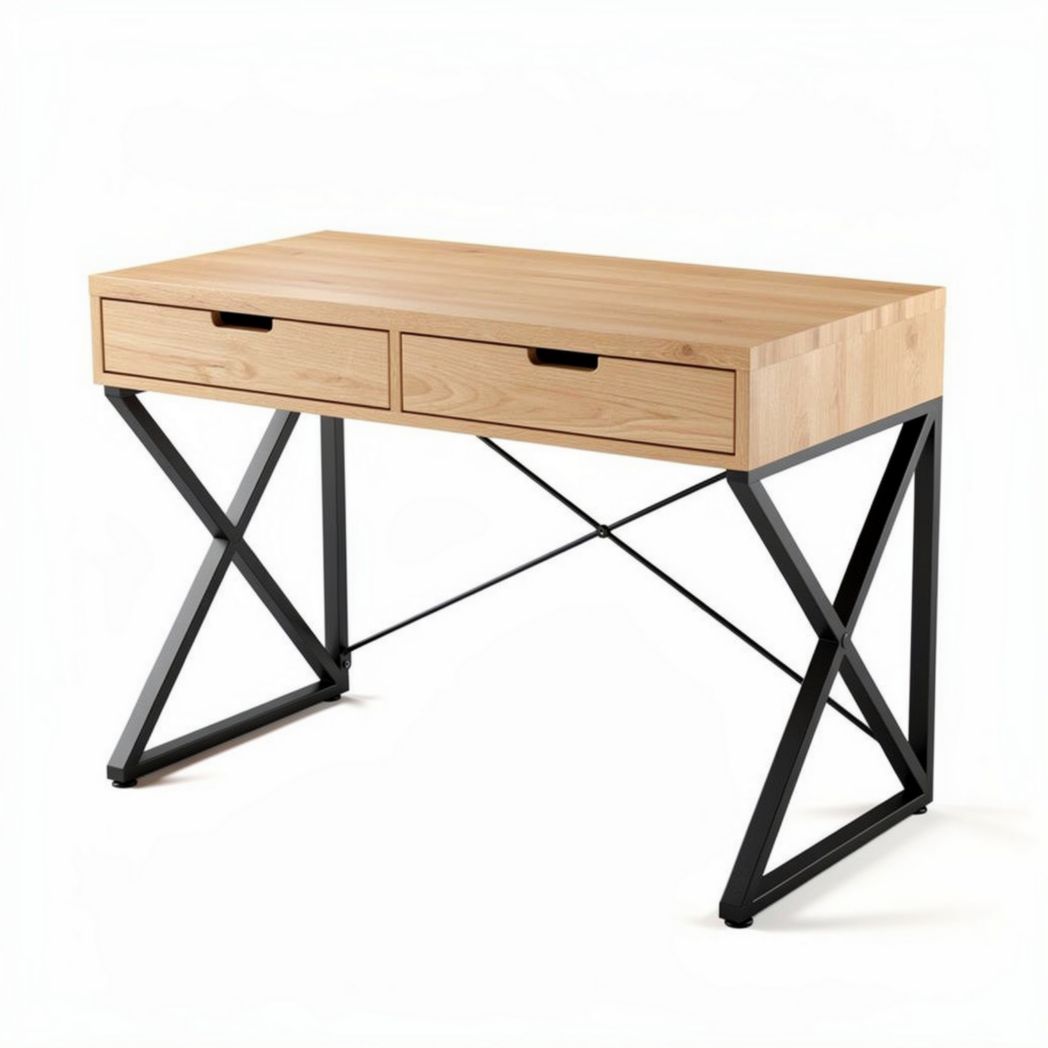 Schreibtisch aus Eichenholz mit metalldetails und zwei schubladen 120 x 60 x 75cm